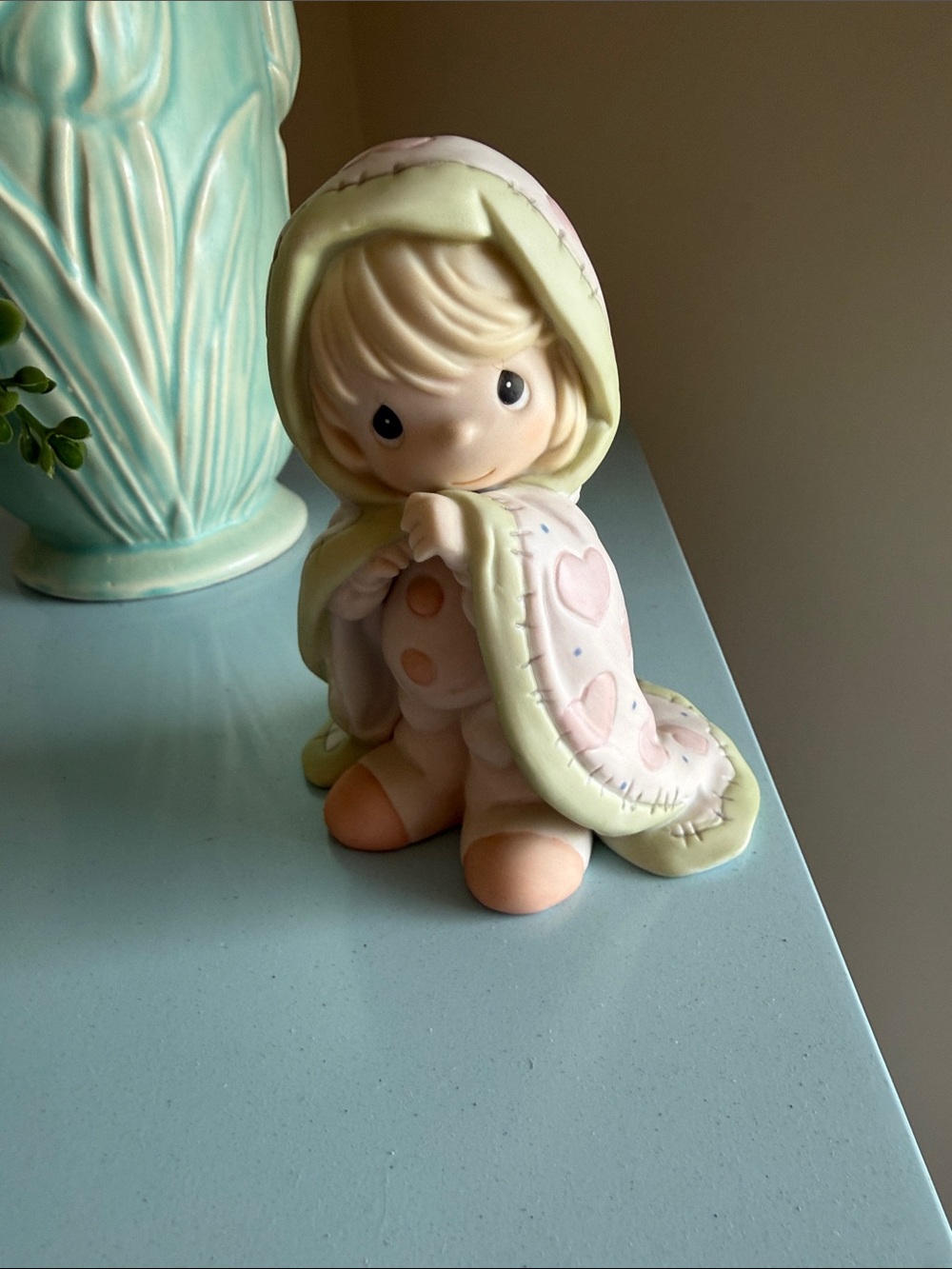 Precious Moments Girl Figurine in Pastel Pink and Mint Blanket